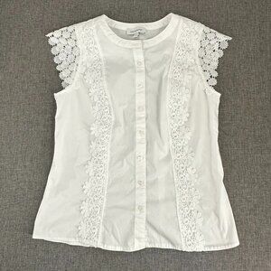Calligraphie Button‎ Down Top White Floral Embroidered detail Cap Sleeve Medium
